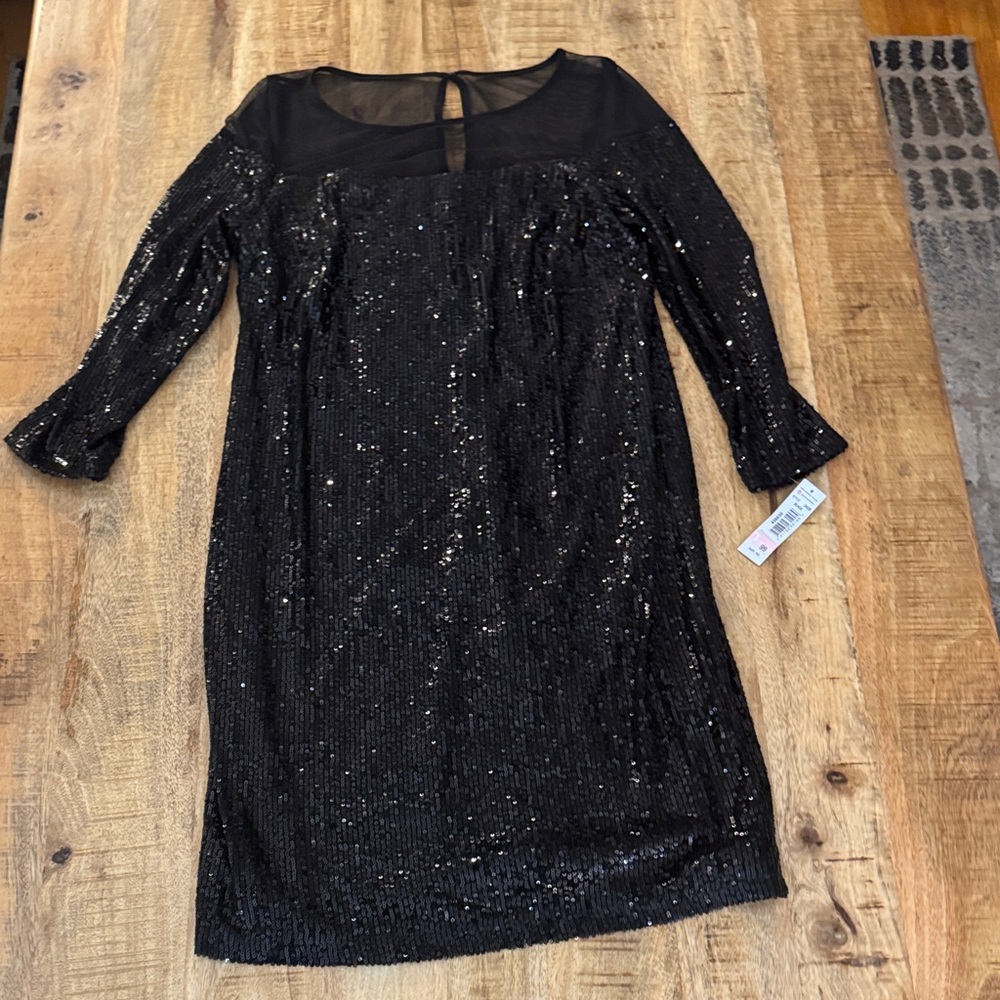 R&M Richards midi sBlack Sequin shift Dress with sheer mesh top long sleeve